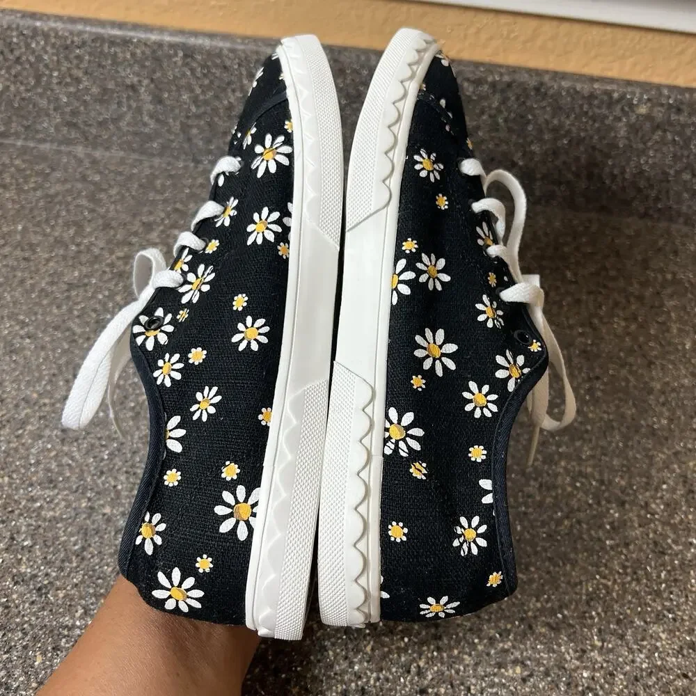 kate spade new york Sneaker Floral Daisies Canvas Black Women Sz 7.5 Lace Up Low